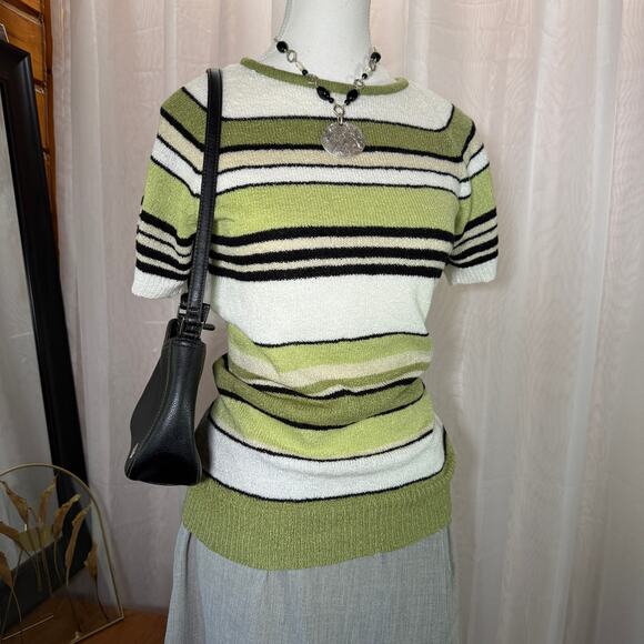 90s Carolyn Taylor Olive Green Striped Knit Top Size Small Retro - Picture 1 of 8